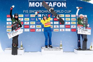 Belle Brockhoff, left, claiming her first podium of the season with a second in Monition with Charlotte banks (GB) first and Chole Trespeuch (Fr) third. Photo: FIS Snowboard 