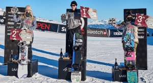 Tess Coady, top of the podium in Laax with Anna Gasser, left in second and 