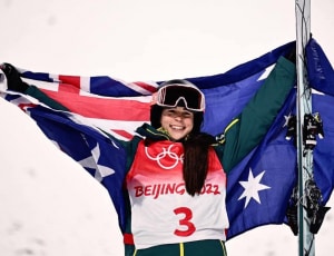 Jakarta Anthony, 2022 Olympic champion, celebrating after taking gold in the moguls. Photo: Australian Olympic Team 