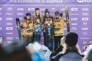(l-R) Jess Hotter, Erika Vikander. Blake Moller, Maxime Chabloz, raknings leders after Fiberbrunn with one the Verbier event left to decide the 2022 World Champions. Photo