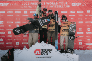 The FWT 2022 World Champs, (L-R) Blake Moller, Maxime Chabloz, Jess Hotter, Tiop