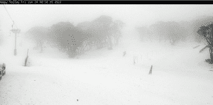 It's a gloomy day in the mountains. A lone skier in a not so happy-looking Happy Valley in Perisher this morning.