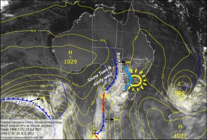 Latest pressure analysis and satellite image. Source: The BOM (vandalised by the Grasshopper)