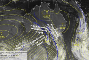 Latest pressure analysis and satellite image. Source: The BOM (vandalised by the Grasshopper)