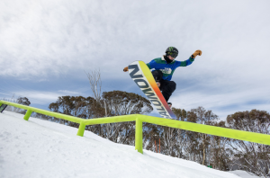 Tess Coady on the Monster rail in Thredbo, Tess' Bush Doof this weekend is on in the Antons park. Photo: Thredbo