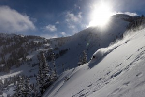 Megan Dingham living the dream in Alta on Tuesday after 43cms of light powder. Photo: Rocko Menzyk