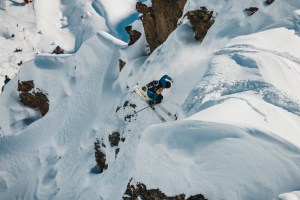 A competitor in the men's ski which was a display of progressive big mountain free skiing. Photo: