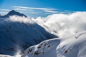 Mike Slattery dwarfed by the massive terrain in Silvretta Montafon