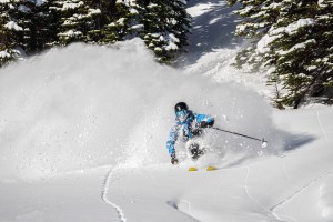 Ethan Thorn loving a bluebird powder day in Kicking Horse BC today. Photo: @collection.adm