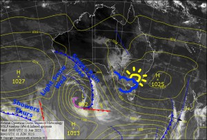 Latest pressure analysis and satellite image. Source: The BOM (vandalised by the Grasshopper)