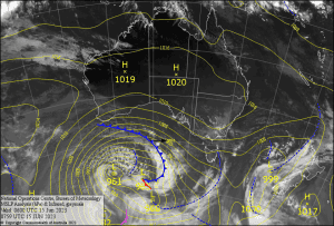 Latest pressure analysis and satellite image. Source: The BOM (vandalised by the Grasshopper)