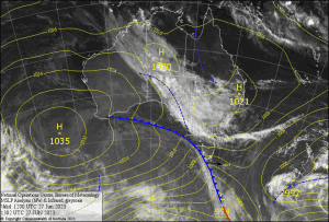 Latest pressure analysis and satellite image. Source: The BOM