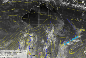 Latest pressure analysis and satellite image. Source: The BOM (vandalised by the Grasshopper)
