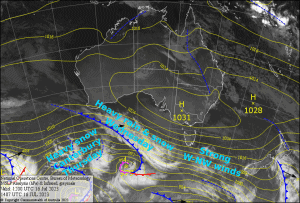 Latest pressure analysis and satellite image. Source: The BOM (vandalised by the Grasshopper)