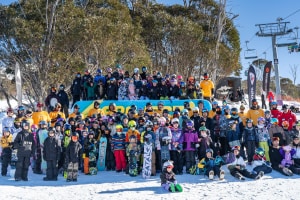 A big lineup of stoked kids for Project SHred inThredbo yesterday. Photo: Thredbo
