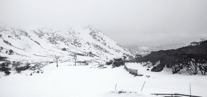 A drab, grey day in the mountains today with wet snow falling above 1700m, raubdown low. Photo: Perisher Sow Cams