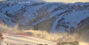Another sunny day across the Aussie resorts today. Snow giuns firign in Mt Hotham this morning. Photo: Hoitham Snow Cams
