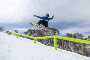 Tess Coady, hitting the Monster rail at last year's Bush Doof. Photo; Thredbo