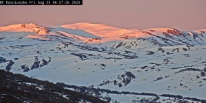 Sunrise on Mt Kosi this morning. Cloud wil increase tomorrow owth a few showers on Sunday.Photo: Perisher Snow Cams