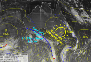 Latest pressure analysis and satellite image. Source: The BOM (vandalised by the Grasshopper)