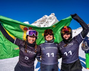 A big medal haul for the Aussie snowboardcross team in Cervina, Italy:  (L-R)Josie Baff, bronze, Adam Lambert silver and Belle Brockhoff silver.