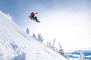 Kai White making the most of Blue skies and fresh snow in Revelstoke today. The break in storms wil be short-lived wiht snow in th forecast from tomorrow. Photo: Hywel Williams 
