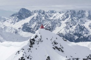 Verbier's Bec des Rosses is the pinnacle of freerdie competitions. Mens' snowbiard winnner Jonothan Penfold dropping in. Photo; J Bernard/FWT