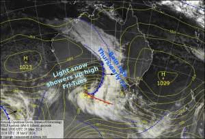 Latest pressure analysis and satellite image. Source: The BOM (vandalised by the Grasshopper)