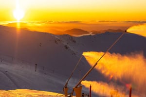 Mt Hutt's snow guns blazing at sunrise yesterday morning. Photo: Mt HUtt
