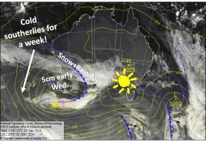 Latest pressure analysis and satellite image. Source: The BOM (vandalised by the Grasshopper)