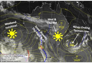 Latest pressure analysis and satellite image. Source: The BOM (vandalised by the Grasshopper)