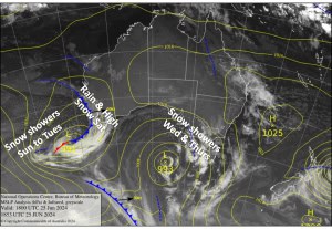 Latest pressure analysis and satellite image. Source: The BOM (vandalised by the Grasshopper)
