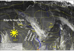 Latest pressure analysis and satellite image. Source: The BOM (vandalised by the Grasshopper)