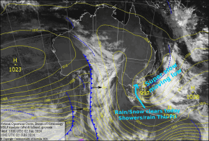 Latest pressure analysis and satellite image. Source: The BOM (vandalised by the Grasshopper)