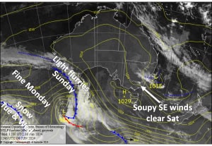 Latest pressure analysis and satellite image. Source: The BOM (vandalised by the Grasshopper)