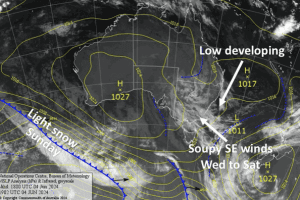 Latest pressure analysis and satellite image. Source: The BOM (vandalised by the Grasshopper)