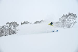 Drew Jolowicz, sampling the powder in Hotham on Tuesday morning. Will 