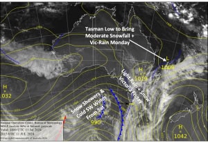 Australian Weekend Forecast, Friday July 12th  – Snow Showers and Cooler SW Winds Build This Weekend, Then Heavier Snowfalls Monday