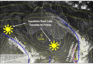 Latest pressure analysis and satellite image. Source: The BOM (vandalised by the Grasshopper)