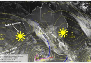 Latest pressure analysis and satellite image. Source: The BOM (vandalised by the Grasshopper)