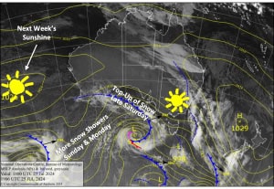 Latest pressure analysis and satellite image. Source: The BOM (vandalised by the Grasshopper)