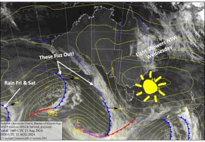 Latest pressure analysis and satellite image. Source: The BOM (vandalised by the Grasshopper)