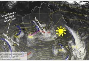 Australian Weekend Forecast, August 23rd – Wet and Windy, but There’s Snow in the Mix
