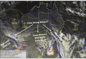 Latest pressure analysis and satellite image. Source: The BOM (vandalised by the Grasshopper)