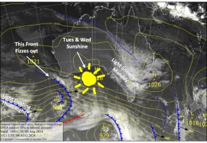 Latest pressure analysis and satellite image. Source: The BOM (vandalised by the Grasshopper)