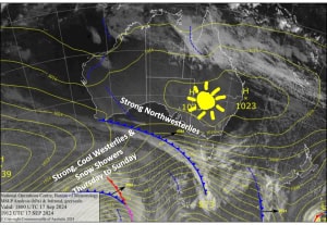Latest pressure analysis and satellite image. Source: The BOM (vandalised by the Grasshopper)