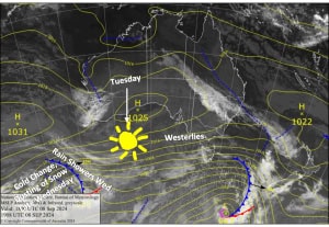 Latest pressure analysis and satellite image. Source: The BOM (vandalised by the Grasshopper)