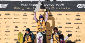 Michaela celebrating her win in Kicking Horse in 2023. Photo: Daher/FWT