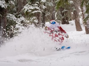 Santa scoring some Christmas morning freshies in Mammoth Mountain today. Photo: Christian Pondella