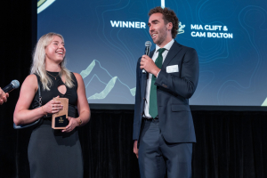 Snowboard cross athletes Mia Clift and Cam Bolton, team of gthe year. Phtoto: